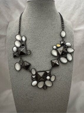 Geometric Gunmetal White Stone Statement Bib Necklace